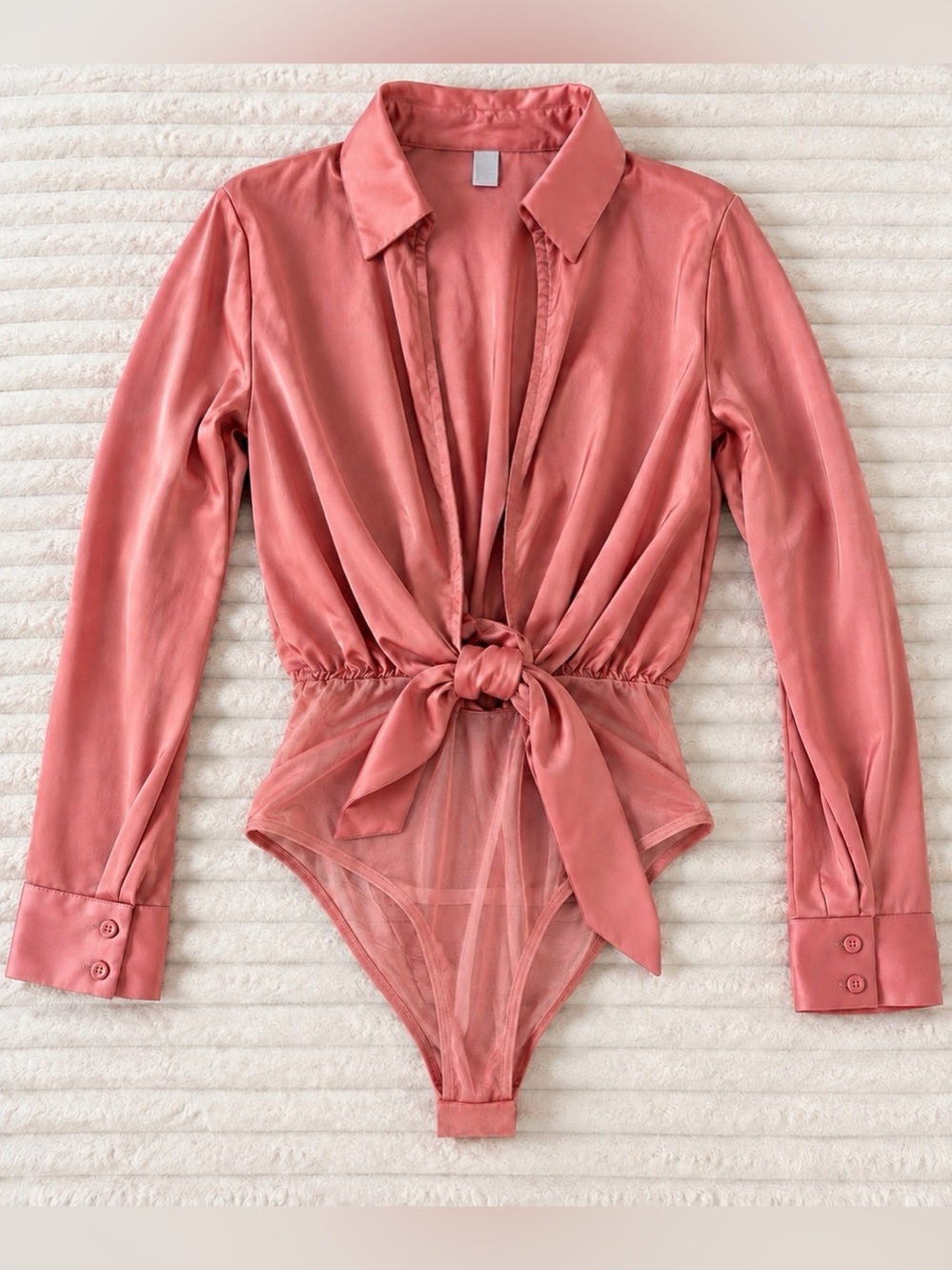 Knot Front Satin Shirt Bodysuit Pink Large